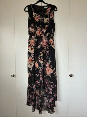Floral Black High-Low Maxi Dress with Pink Accent